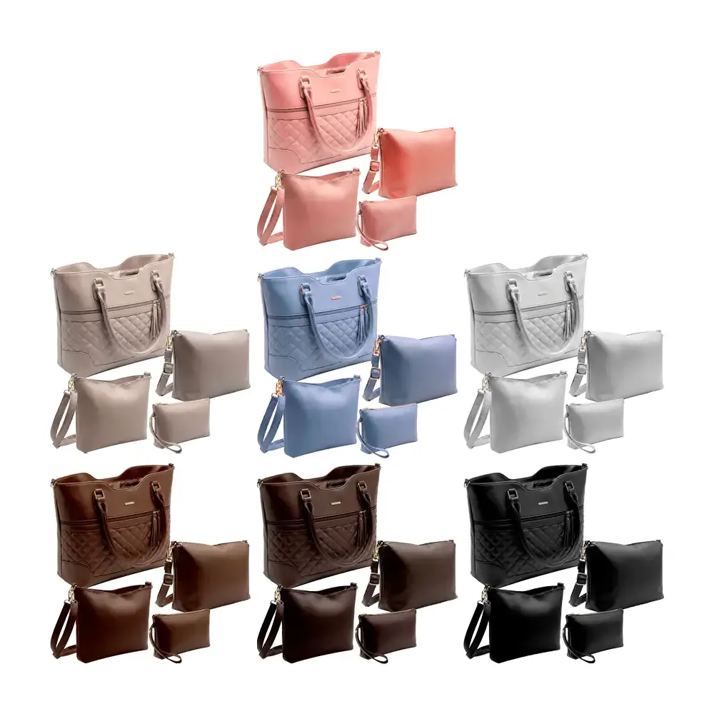 Set de 4 bolsas con diseño capitonado, crossbody, cosmetiquera y cartera