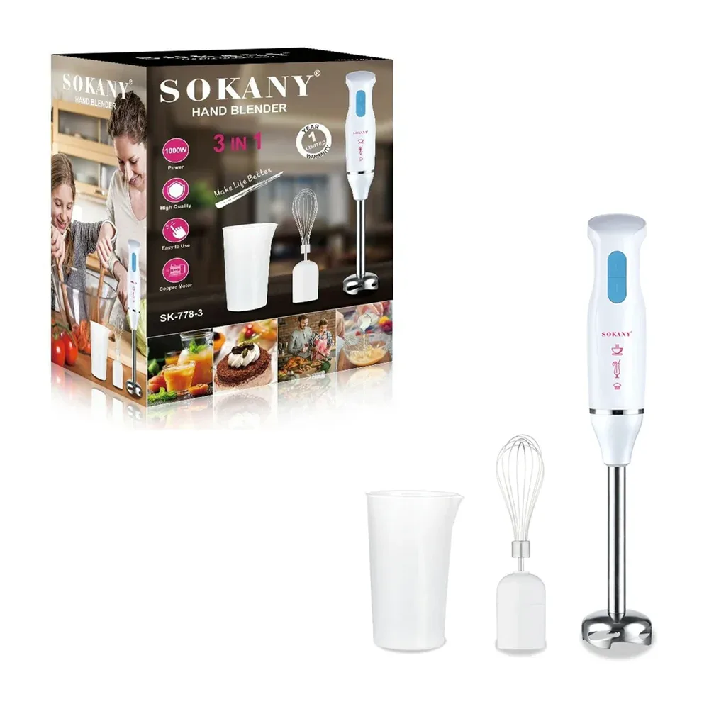 Batidora de mano 3 en 1 con vaso medidor, varillas para batir, mezclar y emulsionar, potencia de 1000w y velocidad ajustable / sk-778-3 / sokany / hand blender