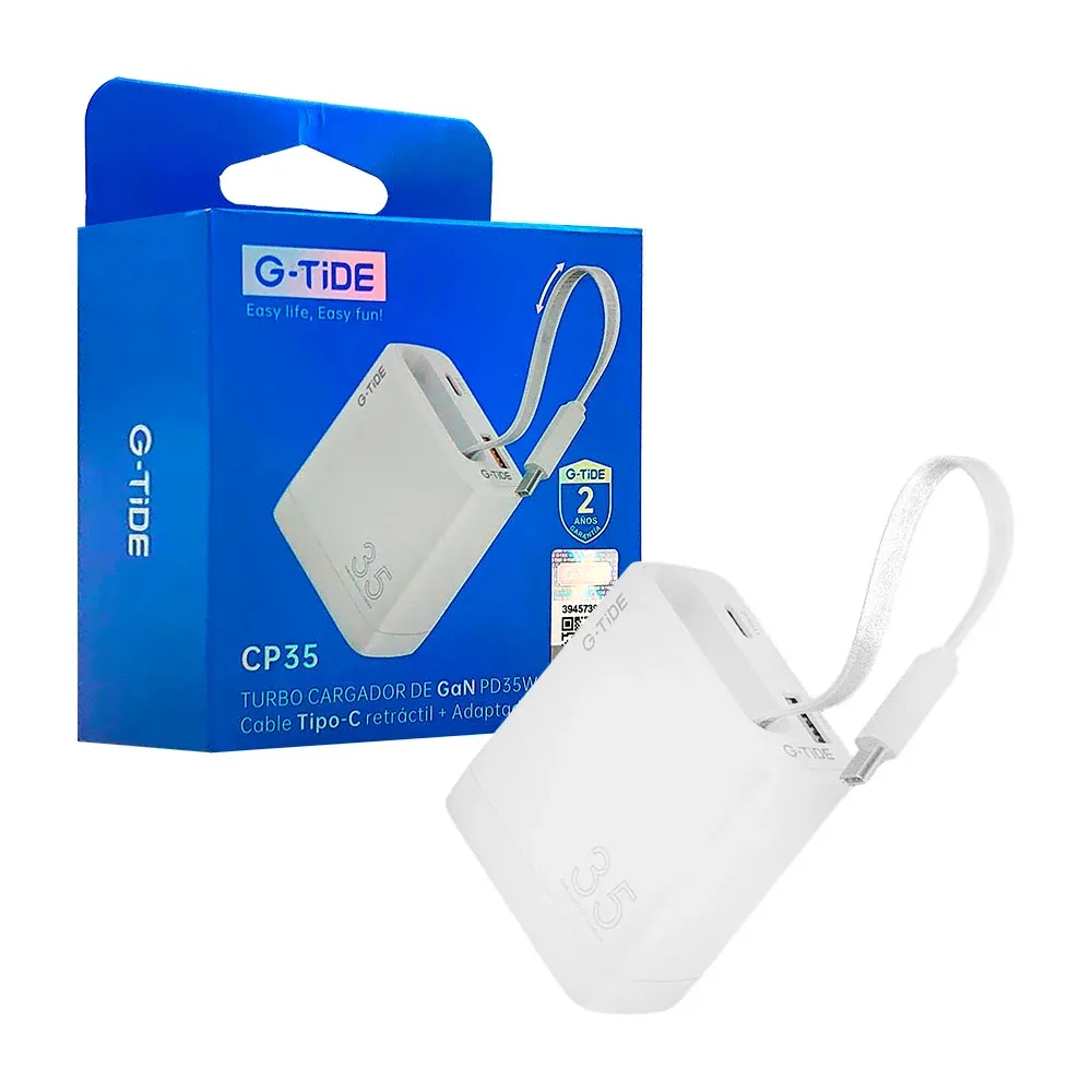 Turbo cargador de35 w, entradas usb c a usb a, cable retractil usb c + funda