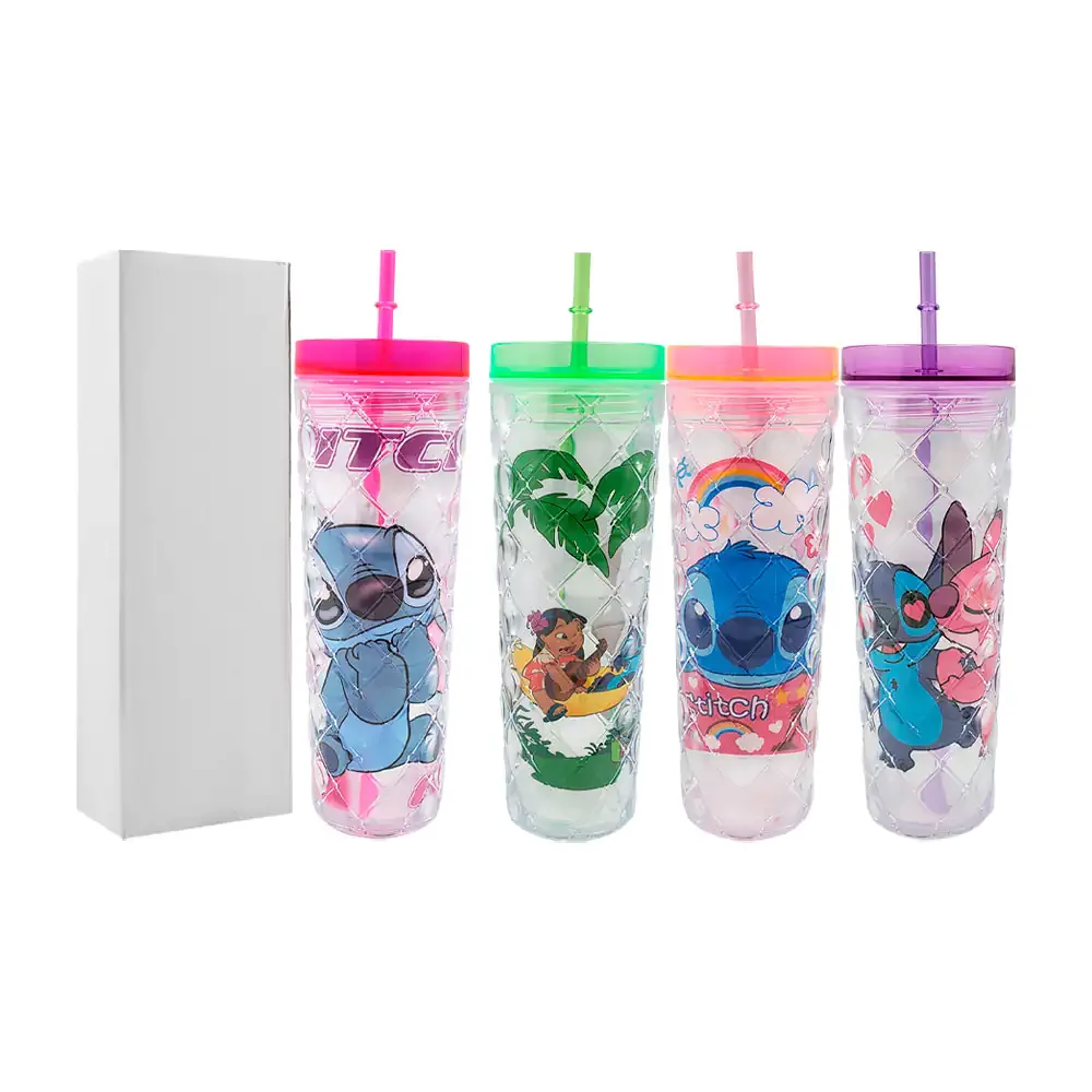 Vaso cilíndrico de acrílico con capacidad de 600ml, relieve de rombo y estampado de stitch
