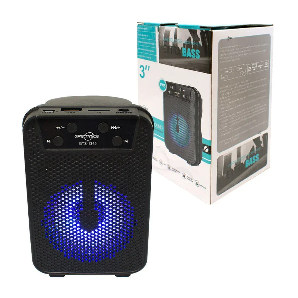 Bocina rectangular de 3 pulgadas, con botones de reproducción, entrada usb, micro sd, auxiliar e iluminación rgb / gts-1345