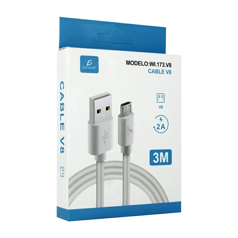 Cables usb ele-gate de 3 metros con entrada v8 para transferencia de datos y carga 2a / wi.173.v8