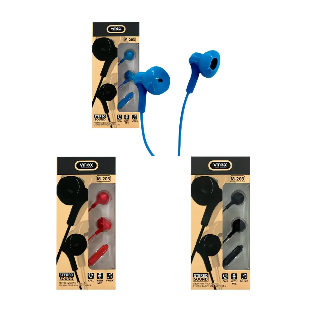 Auriculares alámbricos tipo earphones, con micrófono y entrada auxiliar, variedad de colores / m203 / vmex