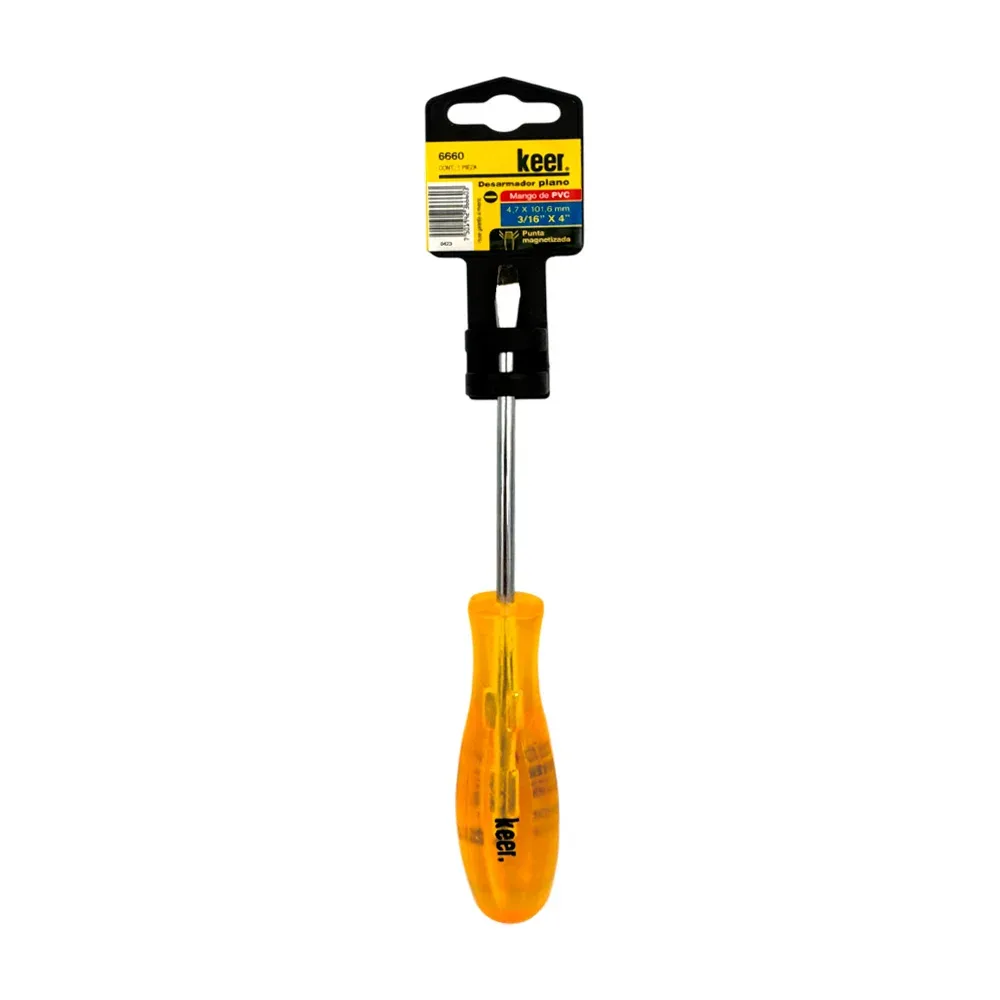 Desarmador de punta plana magnetizada keer con mango translúcido ergonomico de pvc, 3/16x4