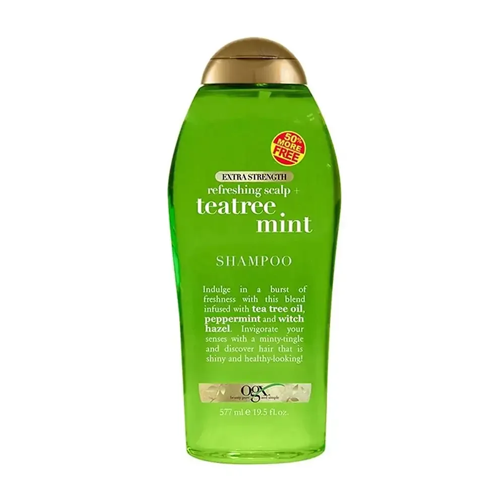 Shampoo ogx de 577ml con extracto de árbol con menta fortalecer el cabello