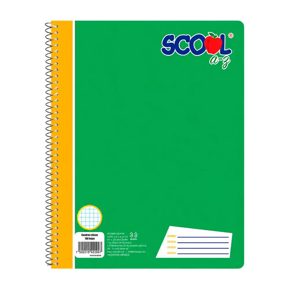 Cuaderno profesional scool cuadro chico 100 hojas, espiral metálico variedad de colores / 487035 / 12907