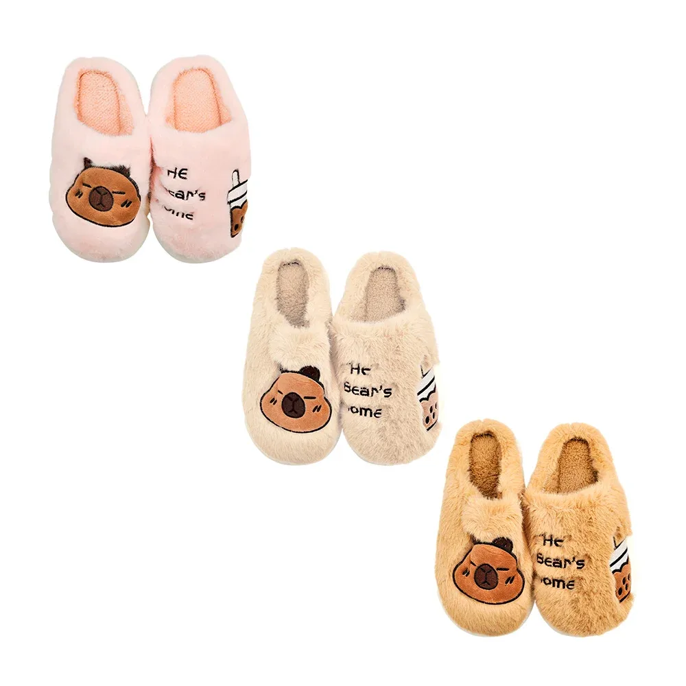 Pantuflas de suela alta, afelpadas con diseño de capibara y bebida, variedad