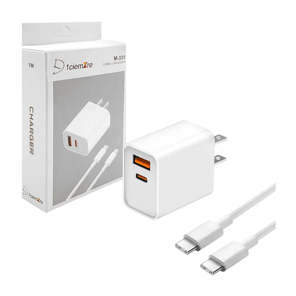 Combo cargador con cable tipo c a tipo c y cubo cargador con puerto usb - tipo c