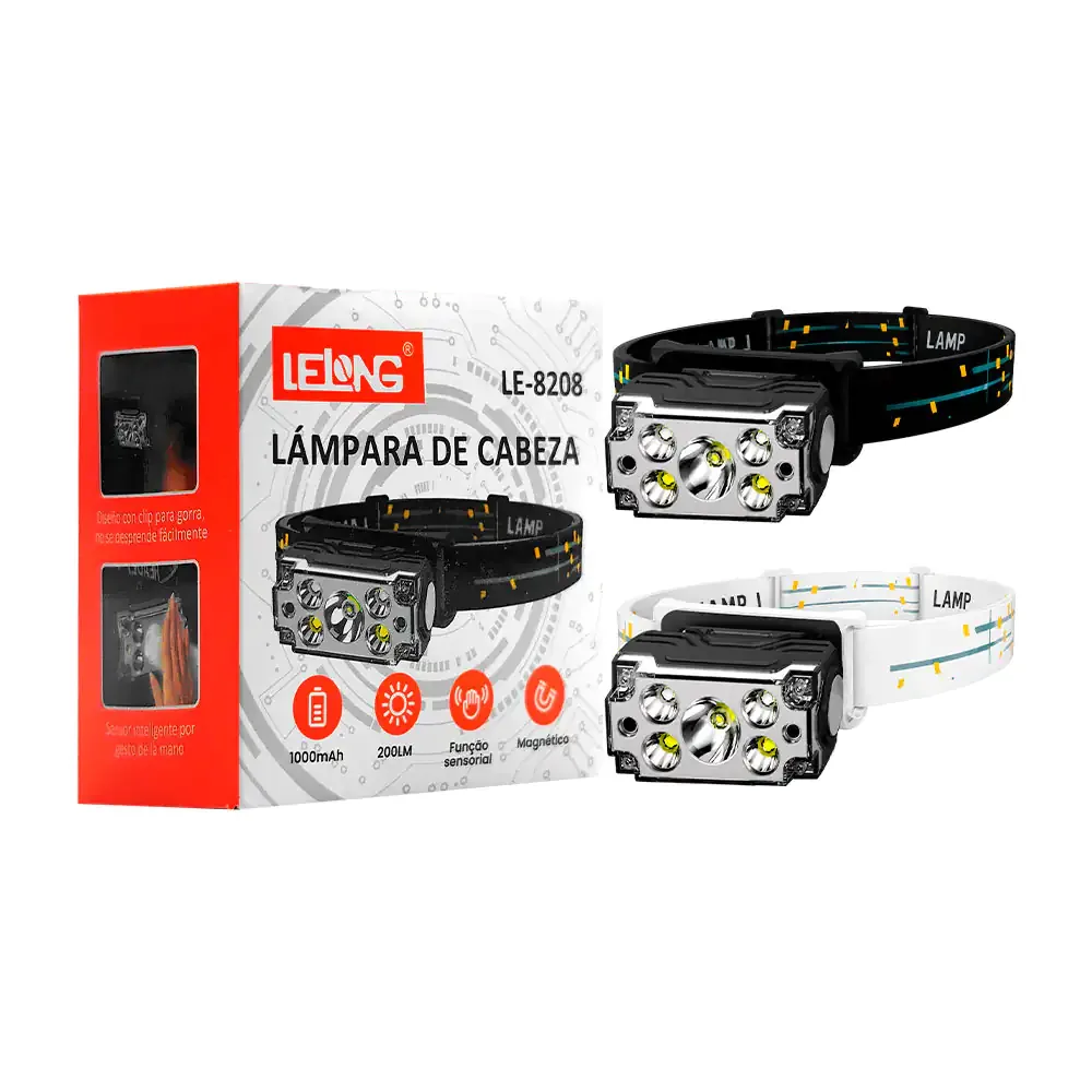 Lámpara tipo minero rectangular con varios modos de luz y sensor de movimiento