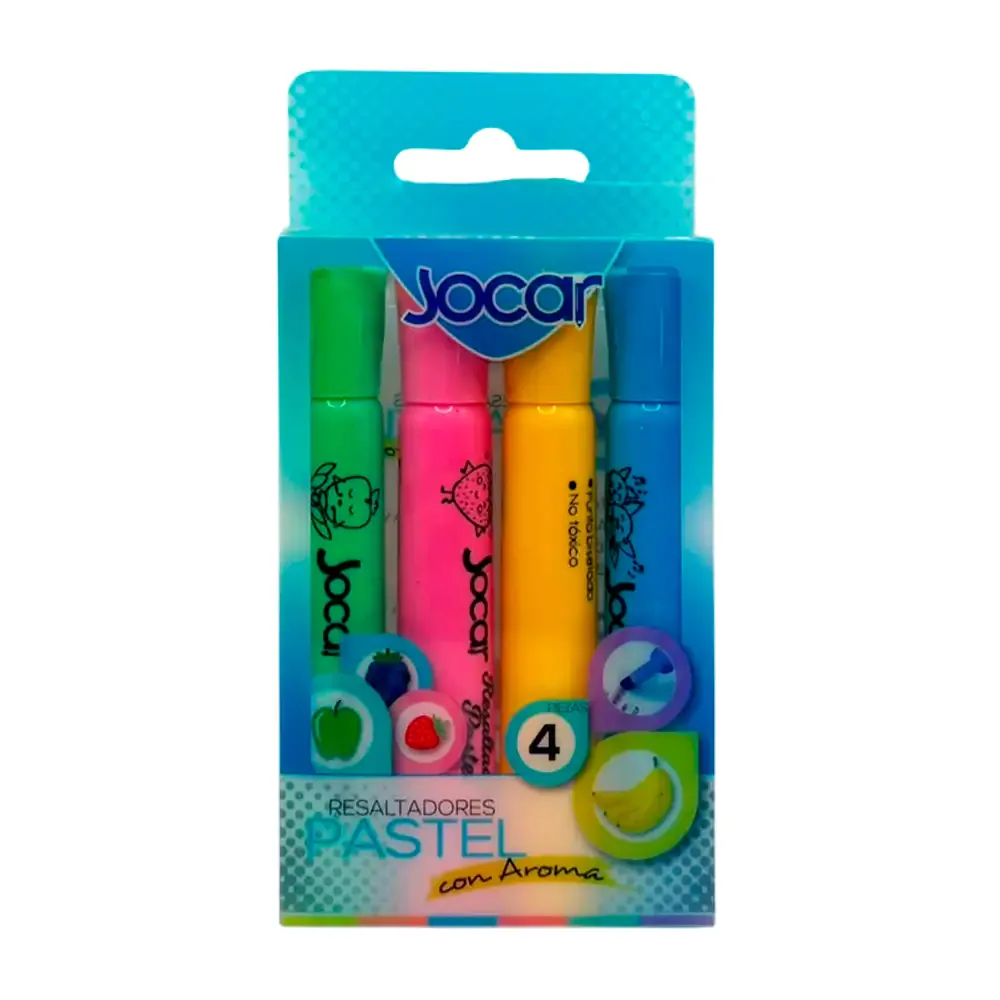 Paquete con 4 marcatextos jocar en tono pastel con aroma frutal, variedad de modelos / 21155