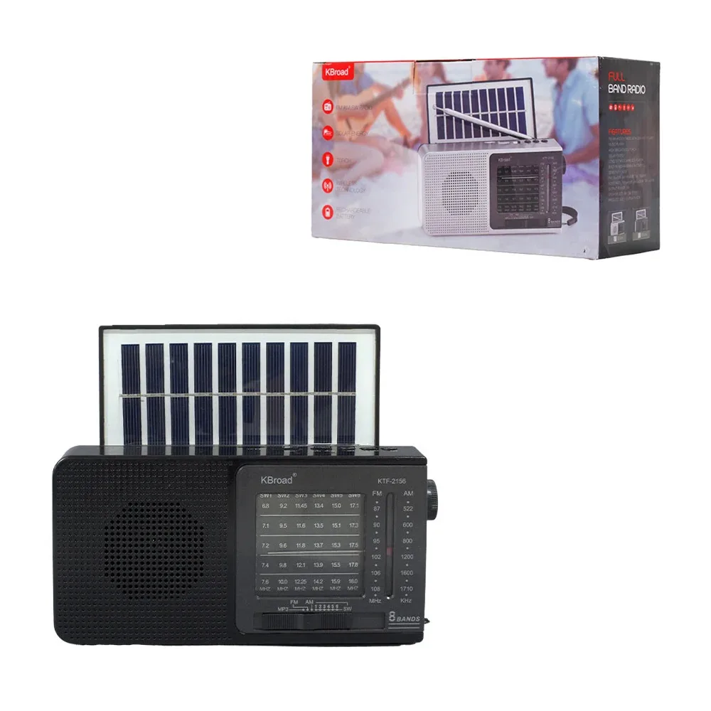 Bocina tipo radio inalambrica con panel solar, antena y luz led, recargable, entrada micro sd, / ktf-2156