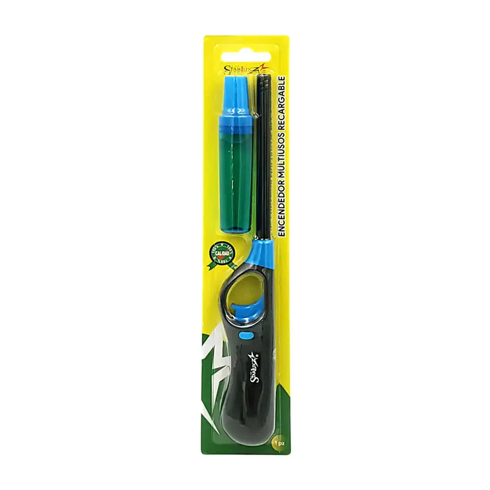 Encendedor starlux tipo antorcha, 26cm rellenable y con seguro + repuesto, variedad de colores