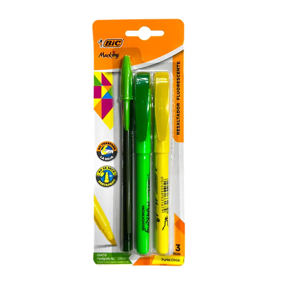 Blíster con 2 marcatextos - resaltadores bic marking colores neón + pluma cristal de punto fino