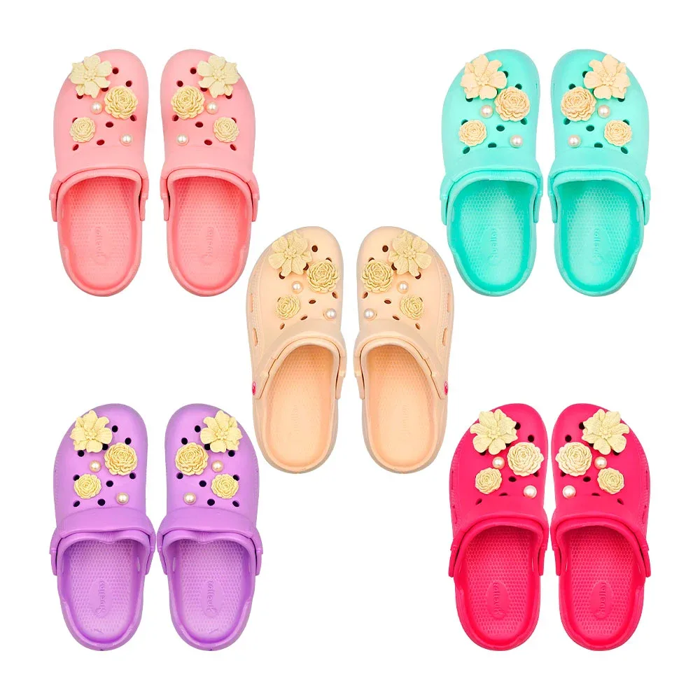 Sandalias tipo crocs con decoración de flores, variedad de colores y tallas