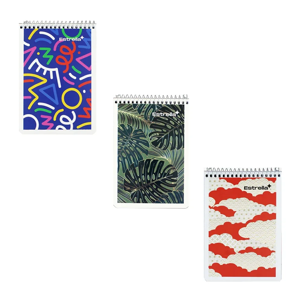 Cuaderno estrella con espiral metálico y 80 hojas papel bond en raya para taquigrafía corta, variedad de diseños / 000339