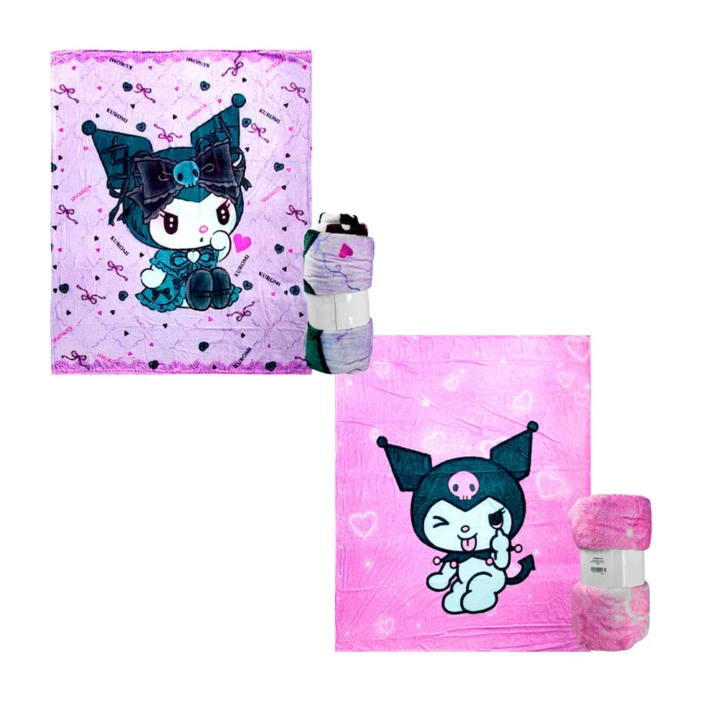 Cobija / cobertor afelpado, con estampado de kuromi en fondo morado de corazones