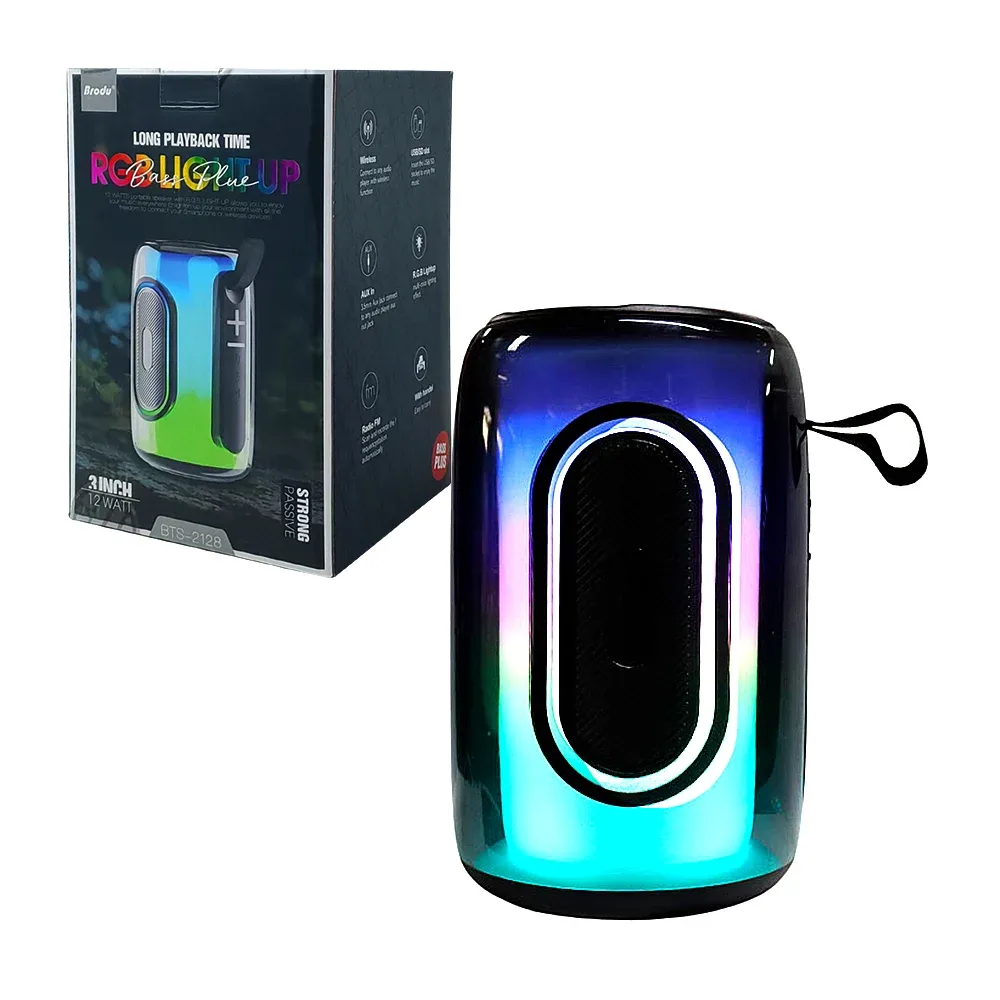 Bocina inalámbrica, cilíndrica, con iluminación rgb, botones de función y asa