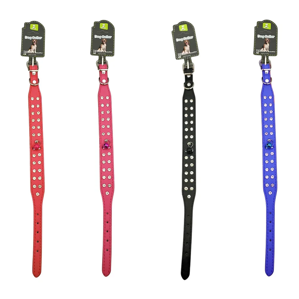 Collar para mascotas, talla chica, cuero con pedrería y cascabel, 40cm, variedad