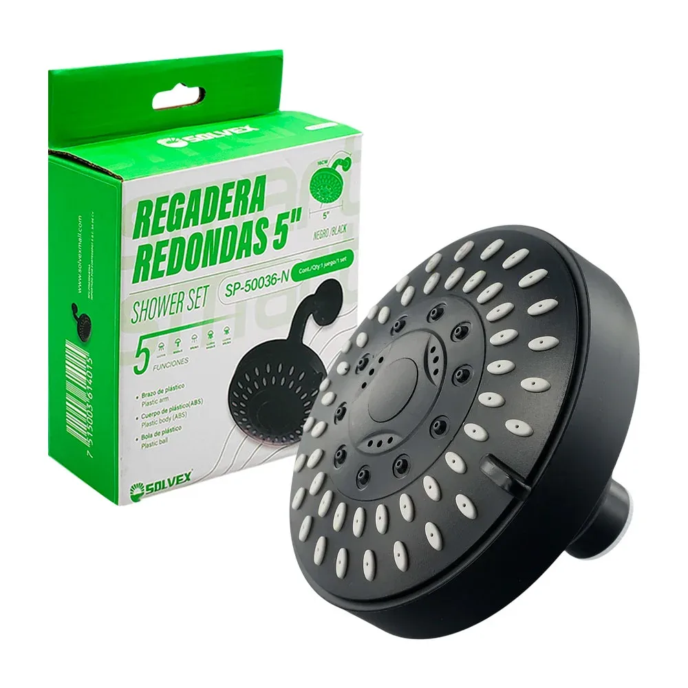 Regadera redonda de 5in en color negro con 5 diferentes funciones / sp-50036-n