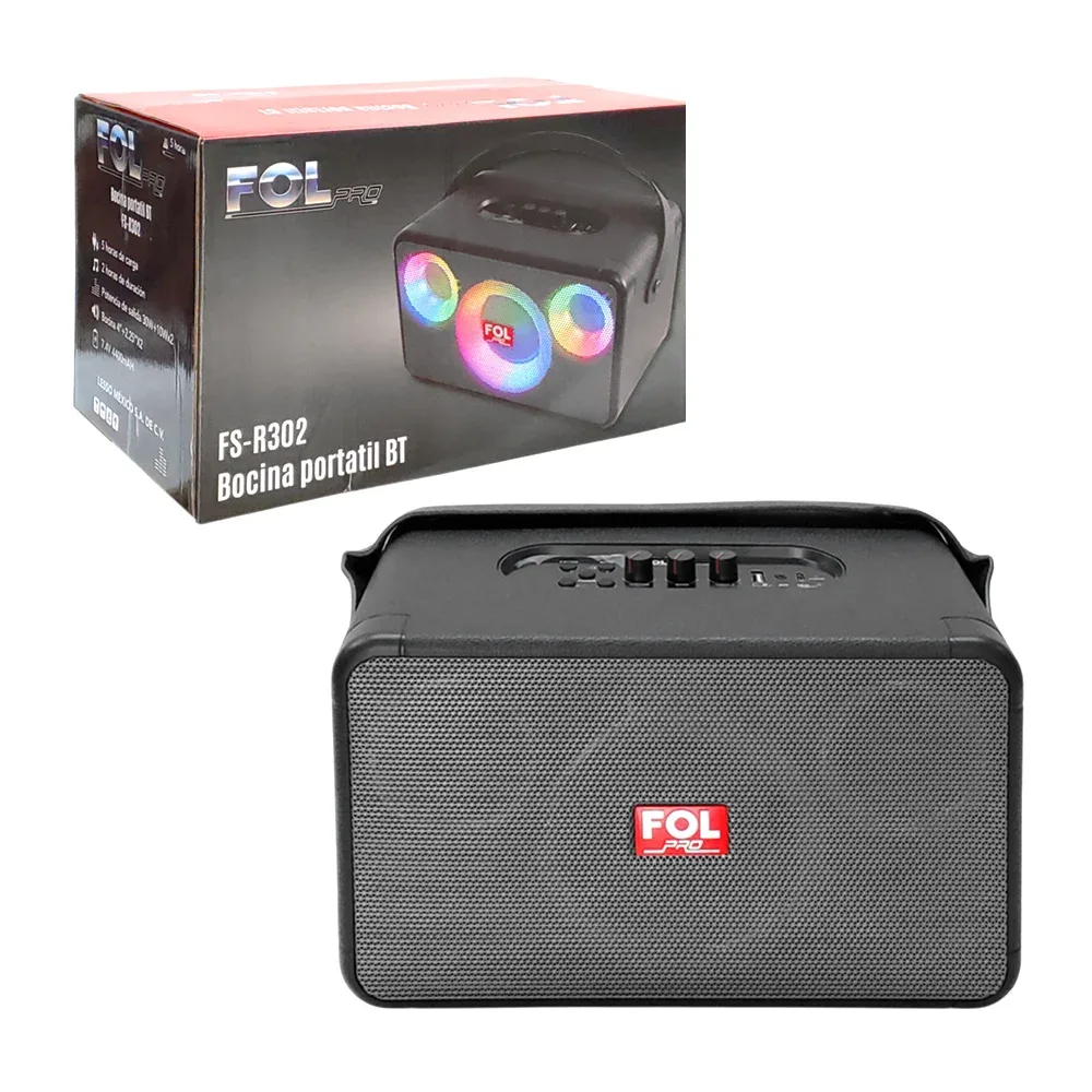Bocina fol pro, recargable, tws, portátil con luz rgb y correa tipo cuero