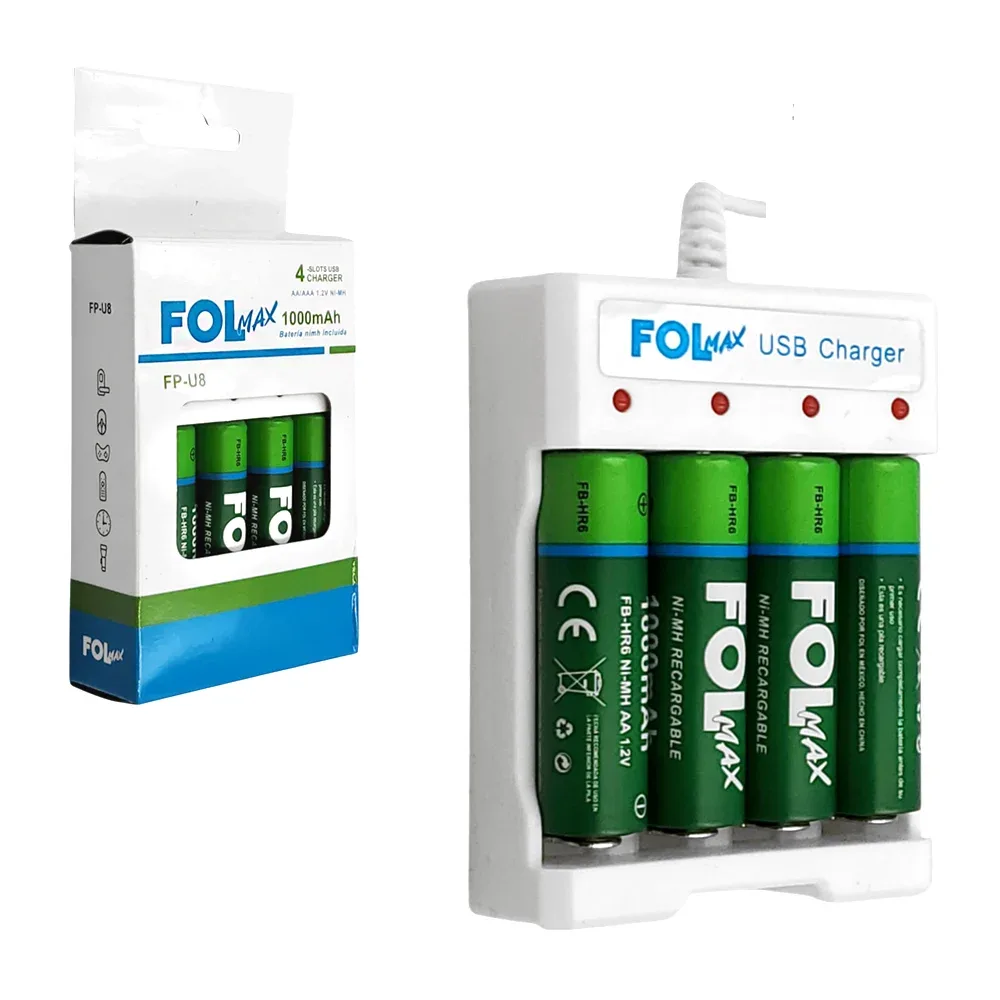 Cargador universal fol max, para baterias aa o aaa + 4 baterias 1000mah / fp-u8