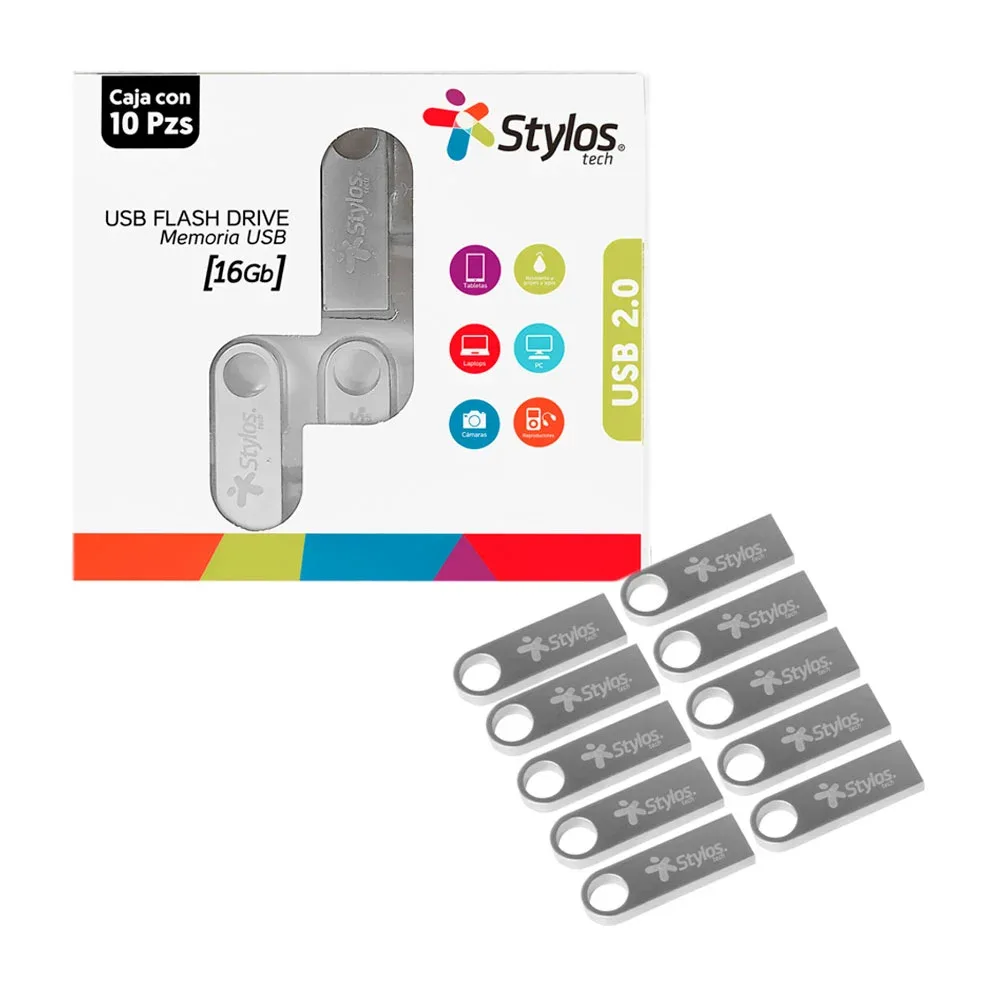 Paquete con 10 memorias usb 2.0 de 16gb, metálicas de alta resistencia / st100