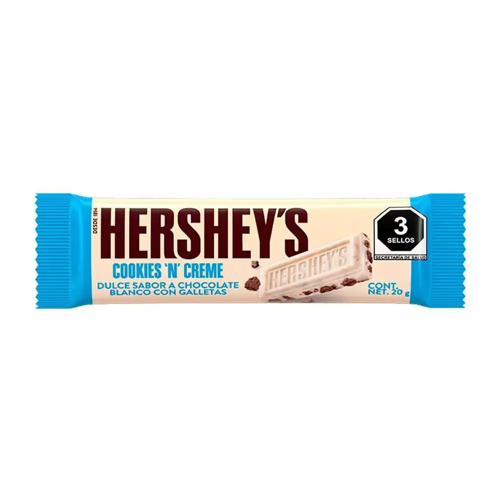 1pza barra de chocolate blanco hershey´s de 20g, sabor a crema con galletas