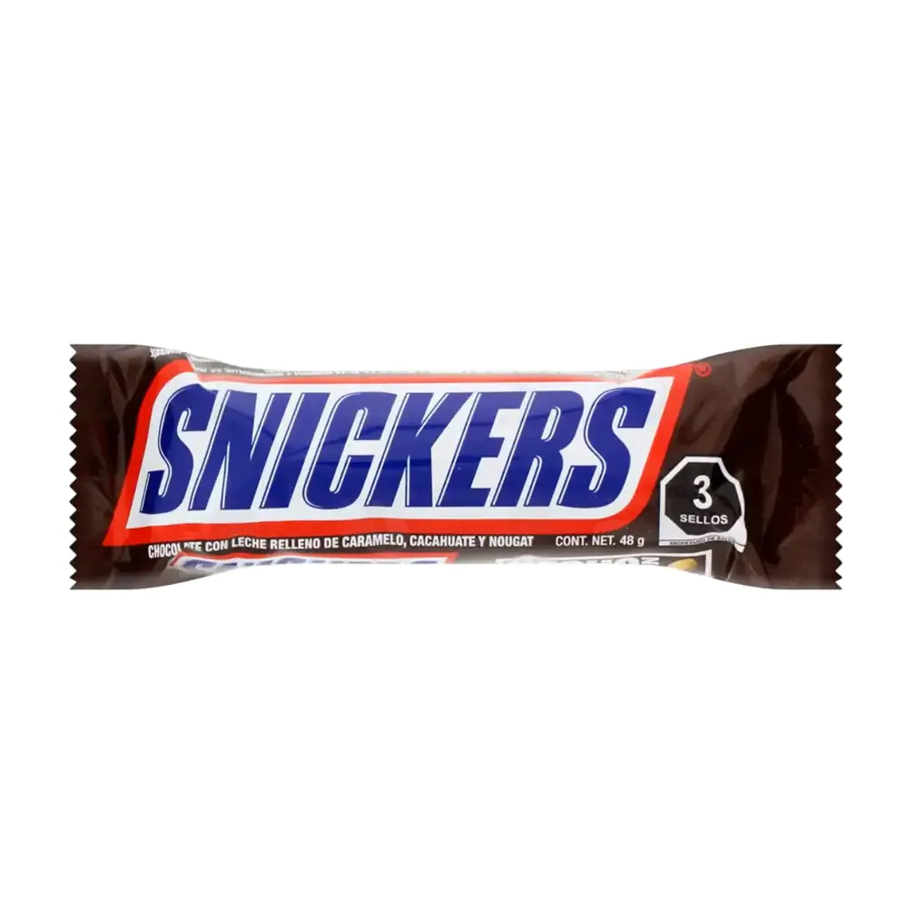 1pza barra de chocolate snickers rellena de caramelo y cacahuate, 48g / 512248