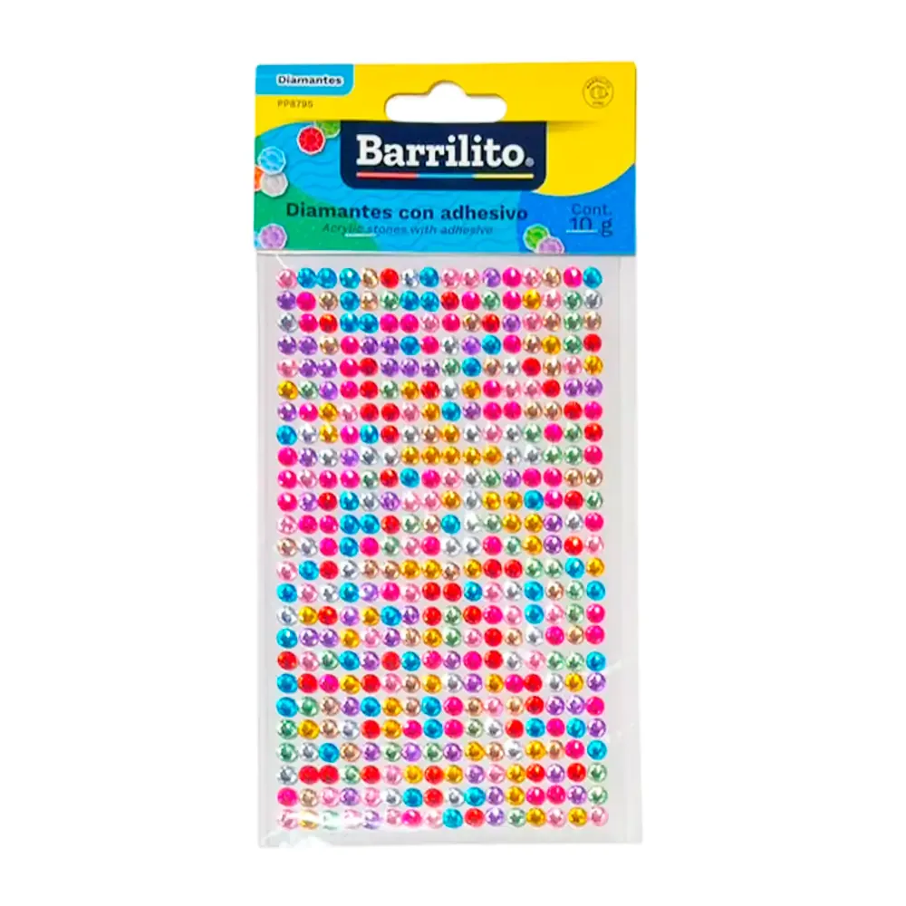 Planilla barrilito con 10g de diamantes adhesivos para decorar, variedad de tamaños y colores