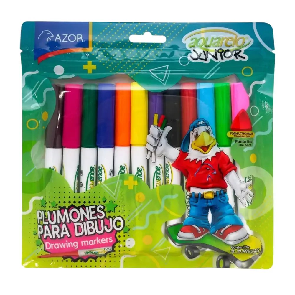 Paquete con 12 marcadores - plumones azor de punto fino, variedad de colores