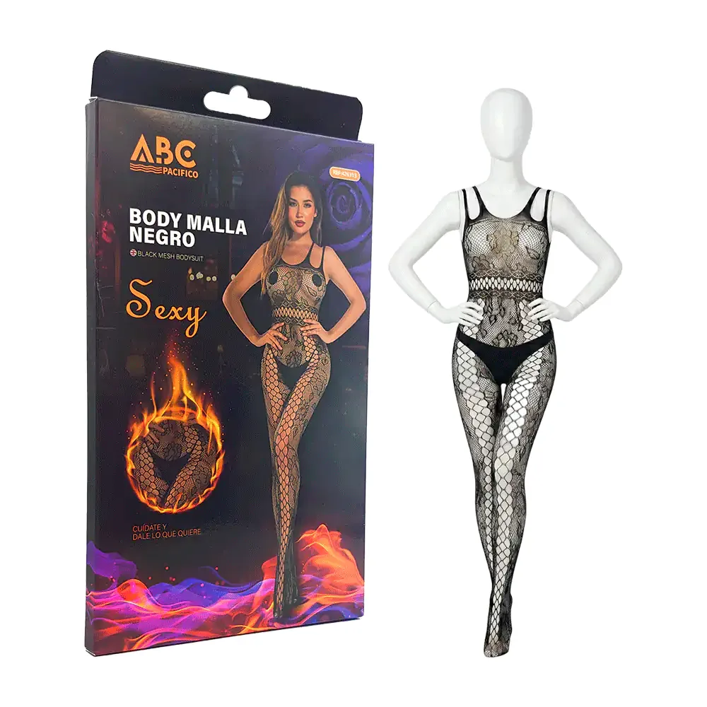 Lenceria body completo de malla red con detalles de flores, color negro unitalla