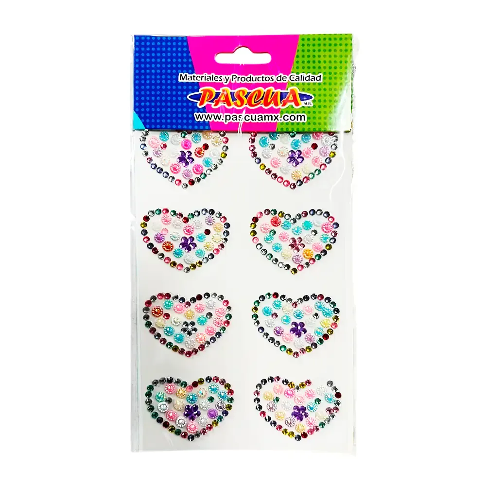 Planilla con 8 corazones con gemas adhesivas pedrerías decorativas, variedad
