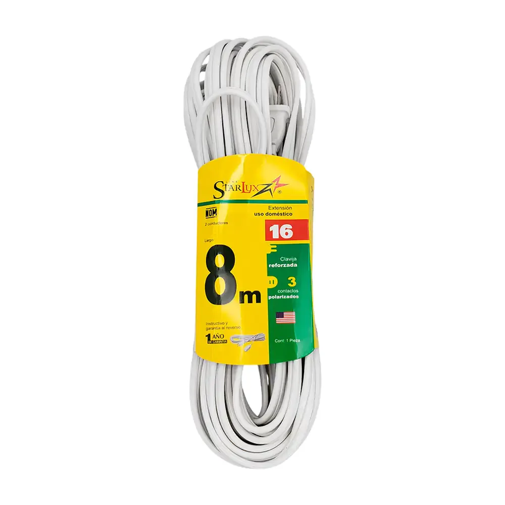 Extensión blanca de 8mts para uso doméstico con 3 conectores y clavija bifásica / extb8 / stp-2