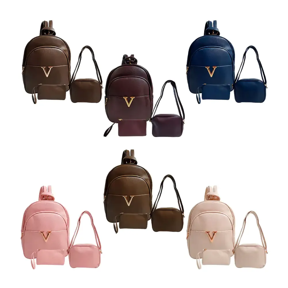 Set de mochila tipo piel kamel reina con 3 compartimentos + crossbody y cartera