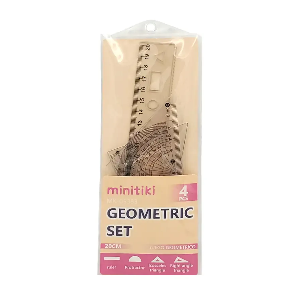 Juego de geometría con regla de 20cm, 2 escuadras y 1 transportador en plástico flexible transparente