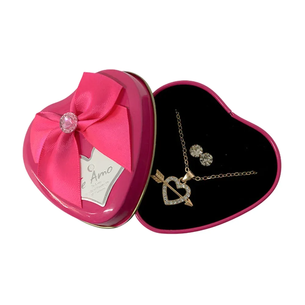 Estuche metálico chico en forma de corazón, collar y aretes, varios colores