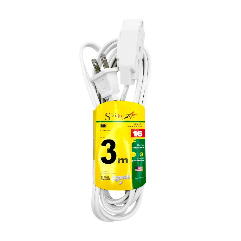 Extensión starlux blanca uso doméstico de 3 metros con 3 contactos / stp-2 / extb3