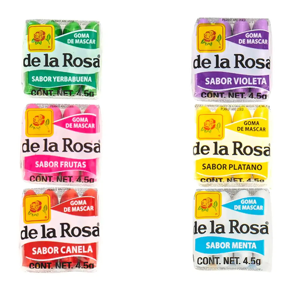 Paquete con 4 pastillas chicles de la rosa, 4.5g, variedad de sabores / chicle