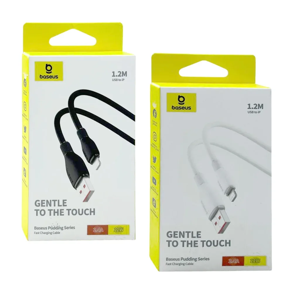 Cable baseus de 1.2m con entrada usb y tipo lighting en color blanco con carga rápida 2.4a, 12w / gentle to the touch