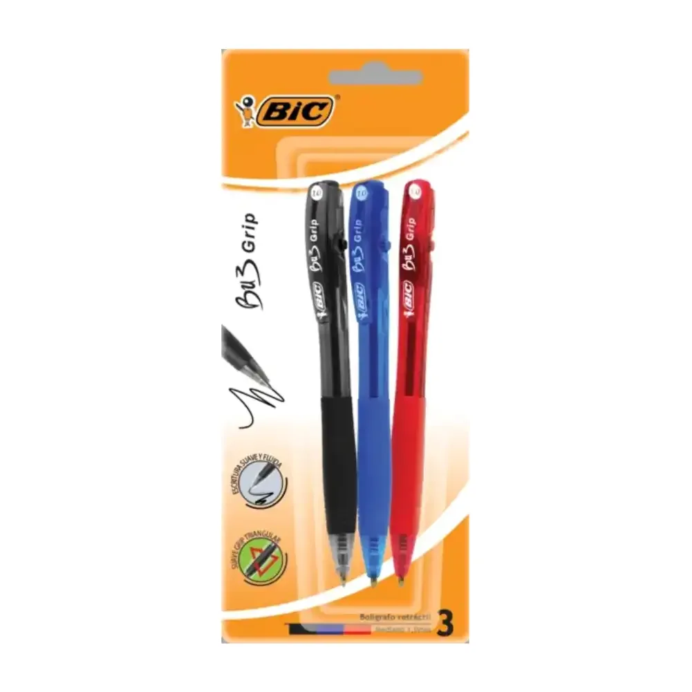 Blíster con 3 plumas bolígrafos bic bu3 grip retráctiles, roja, azul y negro