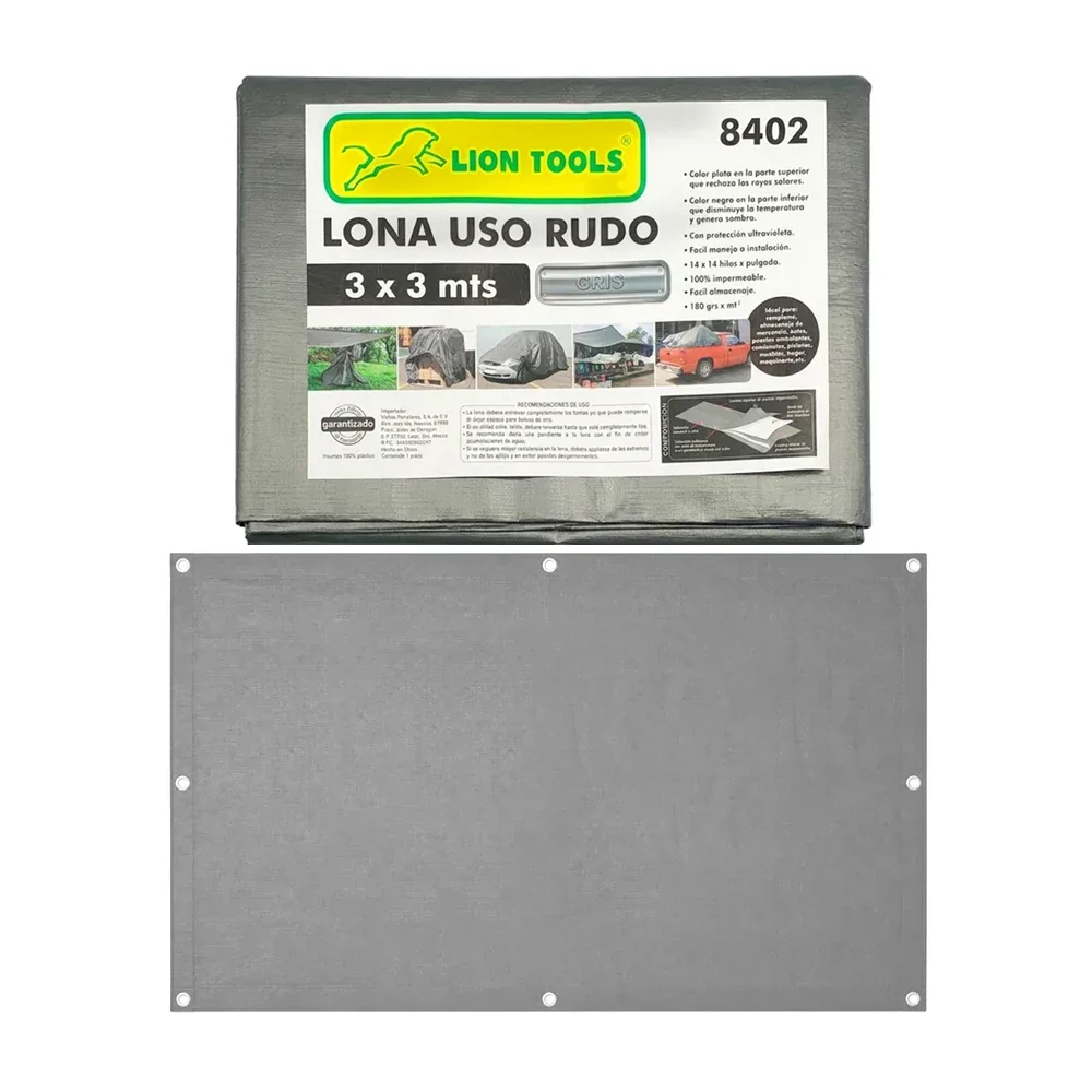 Lona impermeable lion tools de uso rudo color gris con protección ultravioleta, 3x3m / 8402