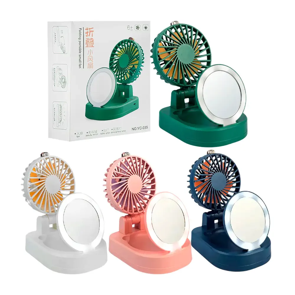 Mini ventilador plegable de escritorio + mini espejo con iluminación, recargable