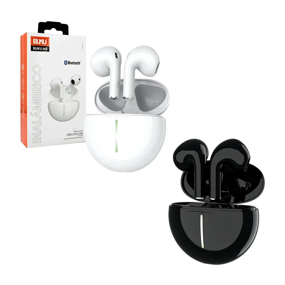 Audífonos manos libres bluetooth con sonido modo estéreo y estuche de carga / buku-n2