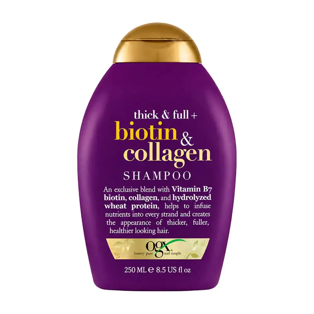 Shampoo ogx de 250ml con extracto de biotina y colágeno para el cuidado capilar