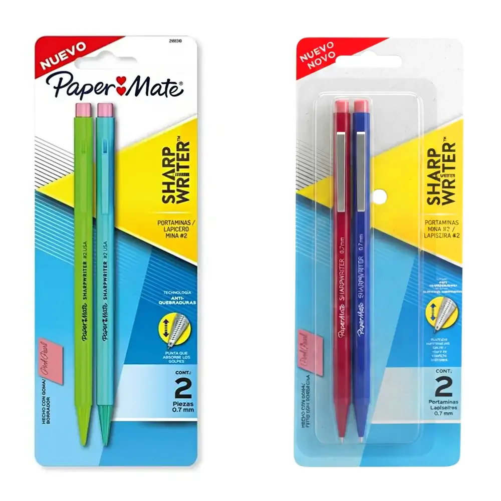 Blíster con 2 lapiceros #2 de punta retráctil y goma intercambiable, variedad de colores