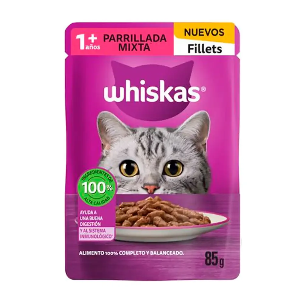 1pza alimento húmedo whiskas fillets sabor parrillada mixta para gatos adultos, 85g / 5911