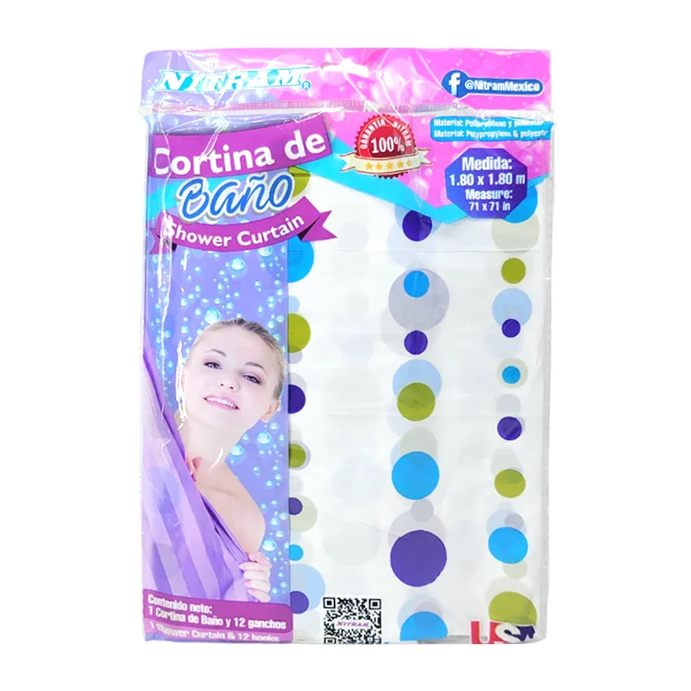 Cortina de baño con aros plásticos y estampado de puntos, variedad de colores