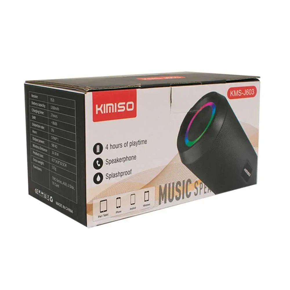 Mini bocina cilíndrica, inalámbrica, recargable kimiso, con iluminación rgb en forma de aro, variedad de funciones / kms-j603