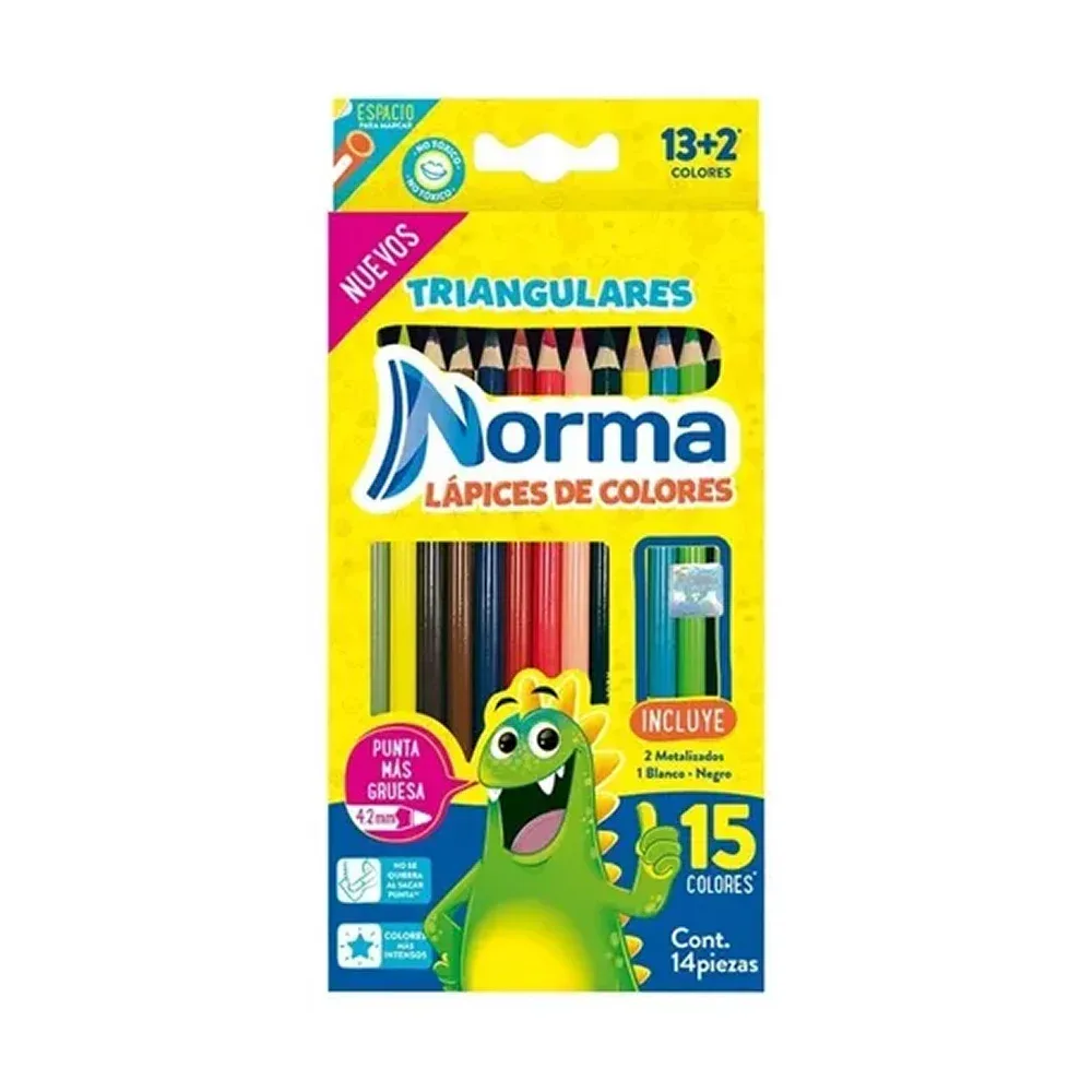 Caja con 14 lápices de colores largos y 1 bicolor norma de punta triangular 4mm / 500778