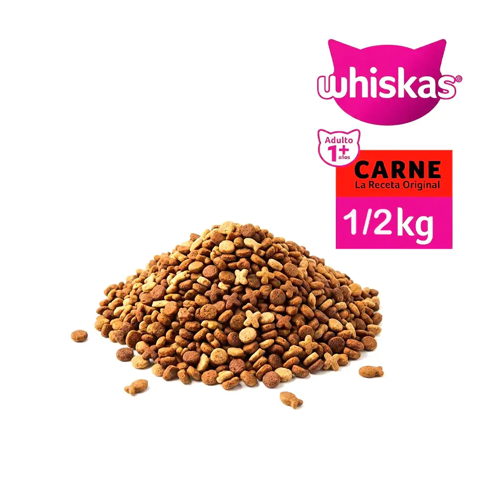 Medio kilo de croquetas whiskas para gatos adultos de todo tipo de razas, sabor carne / whiskas